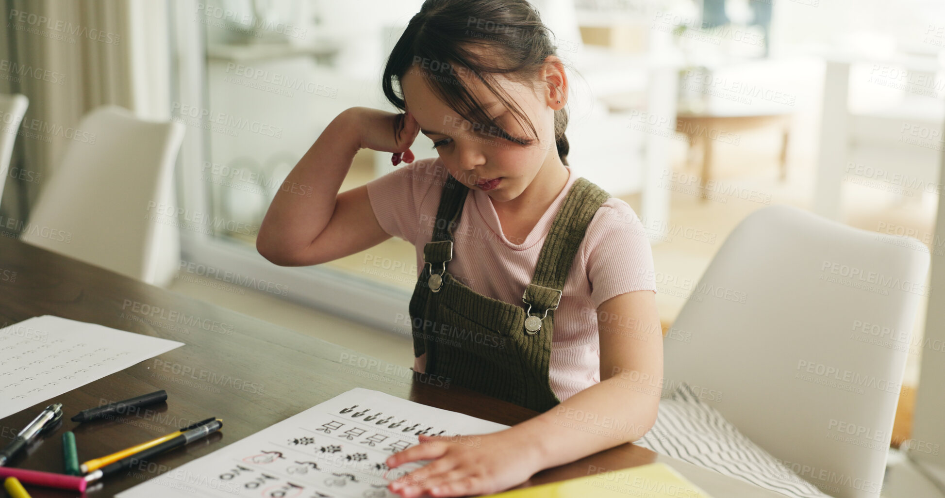 Buy stock photo Homework, thinking and study with child in home for learning, education and growth. Student, academy assessment and knowledge with girl in apartment for project, solution and problem solving