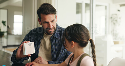 Buy stock photo Homework, alphabet card and dad with girl in home for lesson, learning and help with activity. Family, language and father with child, phonics and education for studying and teaching letters in house