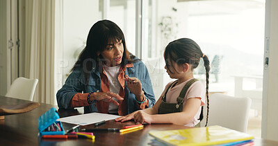Buy stock photo Homework, help and mother with child in home for maths lesson, learning and assessment or activity. Family, support and mom with girl, books and education for studying and development in house