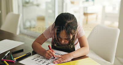 Buy stock photo Homework, writing and study with child in home for learning, education and growth. Student, academy assessment and knowledge with girl in apartment for project, solution and problem solving game