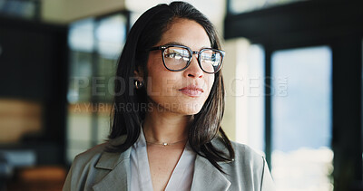 Buy stock photo Thinking, glasses or woman in office with window, plan or problem solving in operation issue. Reflection, idea or project advisor in agency with eyewear, solution or daydreaming in strategic forecast