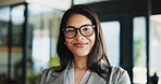 Portrait, glasses and happy business woman as hr manager, talent acquisition and about us. Eyewear, mature person and  face of professional in company, hiring expert and employee with vision in Spain