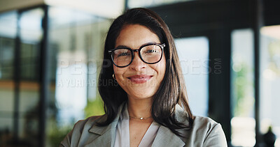 Buy stock photo Portrait, glasses and happy business woman as hr manager, talent acquisition and about us. Eyewear, mature person and  face of professional in company, hiring expert and employee with vision in Spain