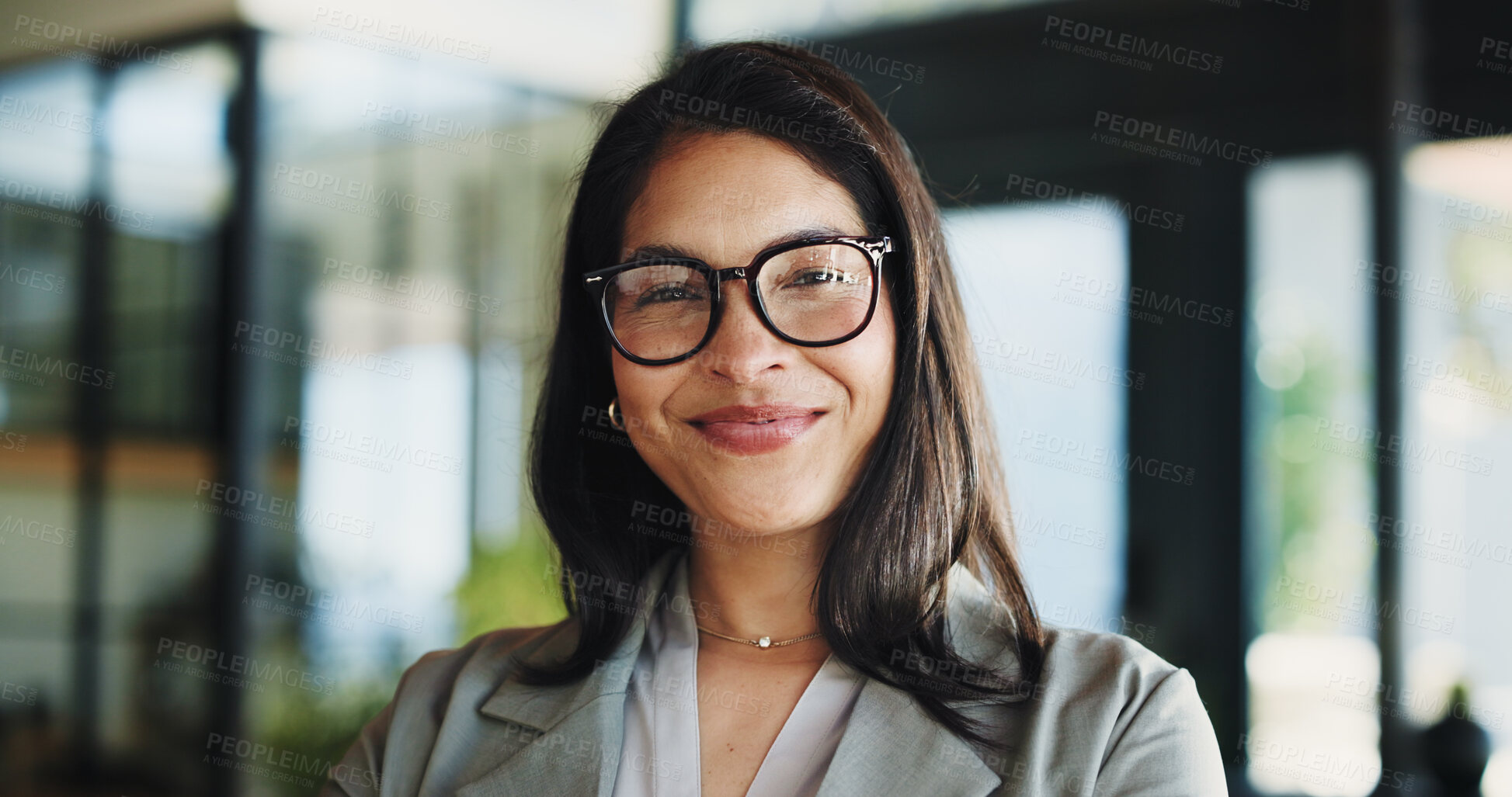 Buy stock photo Portrait, glasses and happy business woman as hr manager, talent acquisition and about us. Eyewear, mature person and  face of professional in company, hiring expert and employee with vision in Spain