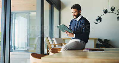 Buy stock photo Tablet, business and man in office, smile and real estate agency with positive review. Person, property development and employee with email, digital app or connection with internet and online listing