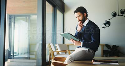 Buy stock photo Tablet, business and man in office, thinking and real estate agency with positive review. Person, property development and employee with email, app or problem solving with solution or online listing