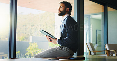 Buy stock photo Tablet, research and thinking with business man in office for legal report, witness testimonial and vision. Court case planning, attorney records and tech with person in law firm for reflection