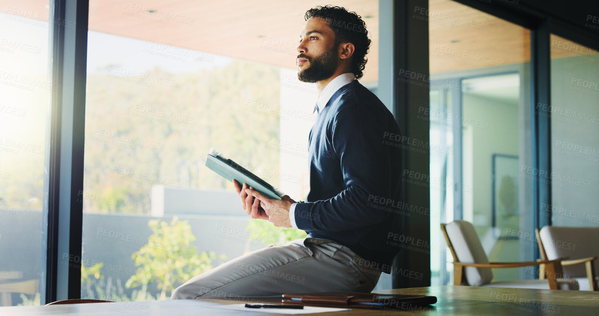 Buy stock photo Tablet, research and thinking with business man in office for legal report, witness testimonial and vision. Court case planning, attorney records and tech with person in law firm for reflection