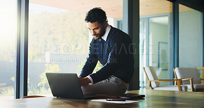 Buy stock photo Laptop, research and reading with business man in office for legal report, witness testimonial and typing. Court case planning, attorney records and tech with person in law firm for schedule