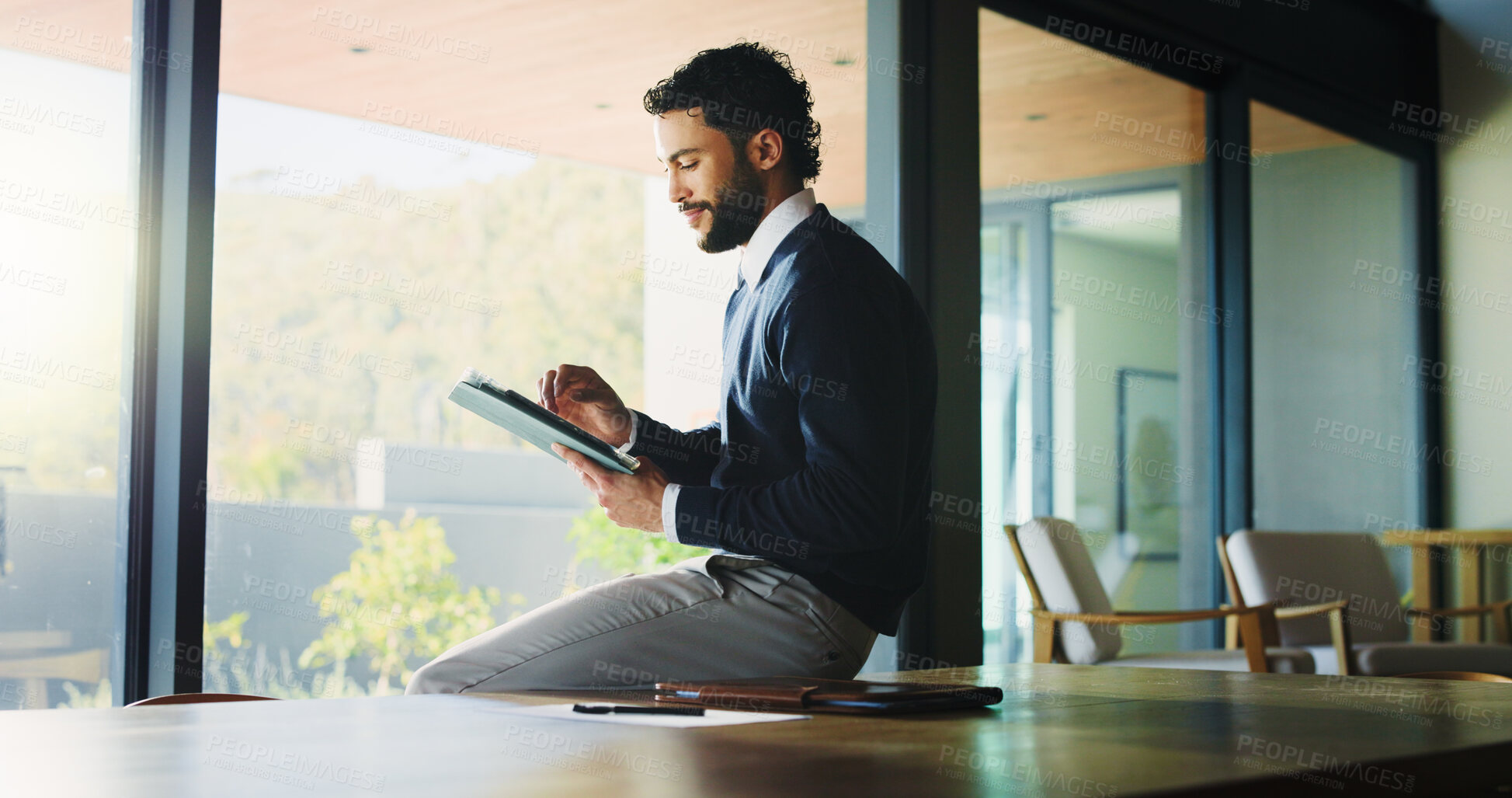 Buy stock photo Real estate, business and man with tablet, internet and communication with positive review. Person, property owner or employee in office, tech or connection with online listings, email or digital app