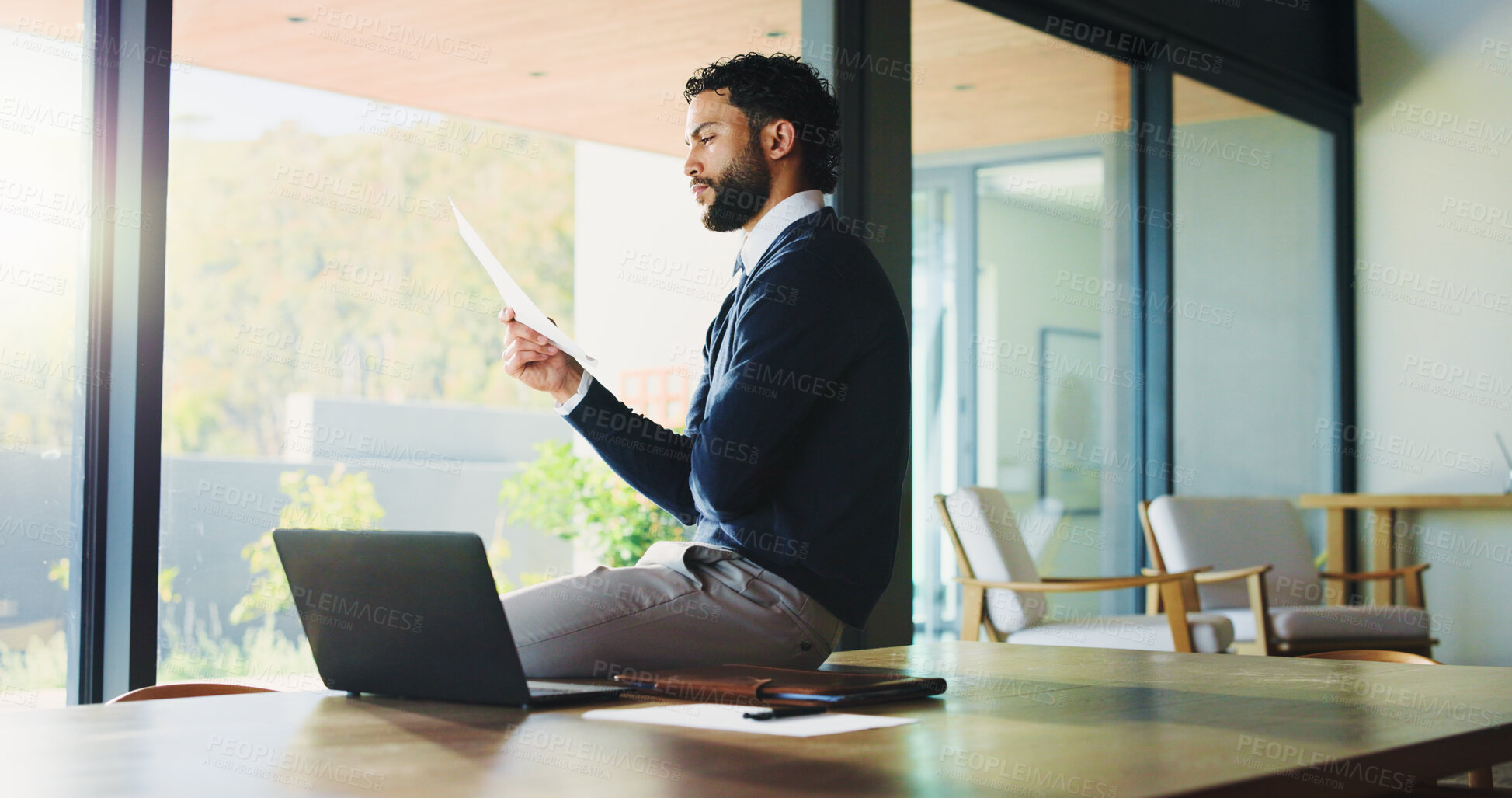 Buy stock photo Business, man and document with laptop at house for real estate, property report and contract. Relator, remote work and paperwork for sales agreement, listing information and negotiation preparation