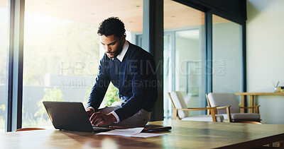 Buy stock photo Laptop, typing and research with business man in office for real estate broker, property listing and planning. Escrow account closer, realtor proposal and project with person in agency for report