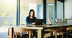 Laptop, typing and smile with business woman in office for real estate broker, property listing and planning. Escrow account closer, realtor proposal and project with person in agency for report