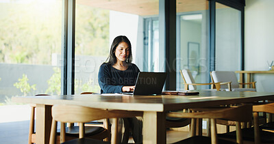 Buy stock photo Laptop, typing and smile with business woman in office for real estate broker, property listing and planning. Escrow account closer, realtor proposal and project with person in agency for report