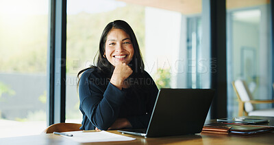 Buy stock photo Laptop, portrait and research with business woman in office for real estate broker, property listing and planning. Escrow account closer, realtor proposal and project with person in agency for report