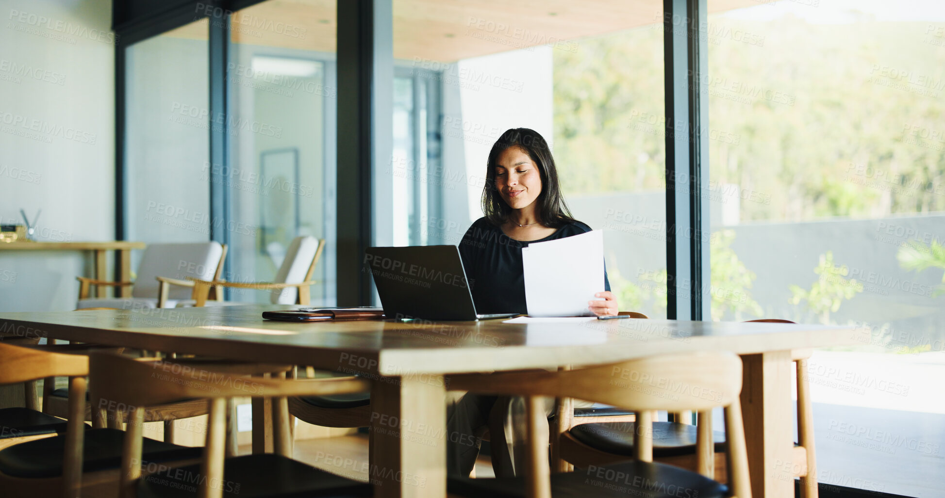 Buy stock photo Laptop, documents and research with business woman in office for real estate broker, property listing or planning. Escrow account closer, realtor proposal and project with person in agency for report