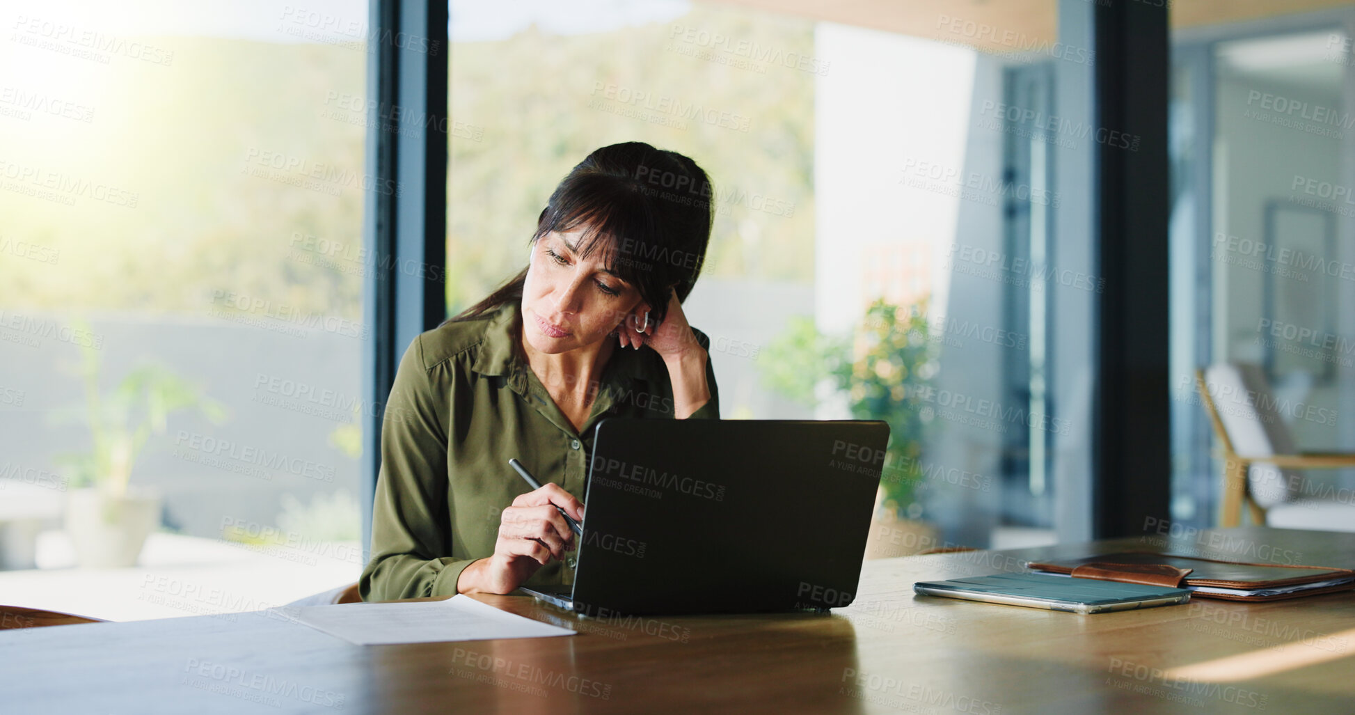 Buy stock photo Business, woman and document with laptop in office for real estate, property report and contract. Mature relator, pc and paperwork for sales agreement, listing information and negotiation preparation