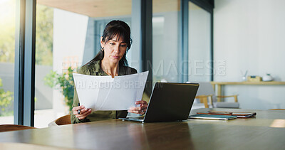 Buy stock photo Business, woman and document with laptop at house for real estate, property report and contract. Mature freelancer, pc and paperwork for sales agreement, listing information and negotiation statement