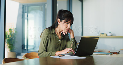 Buy stock photo Business, woman and reading with laptop at house for real estate, property report and research. Mature freelancer, pc and document for sales agreement, listing information and negotiation statement