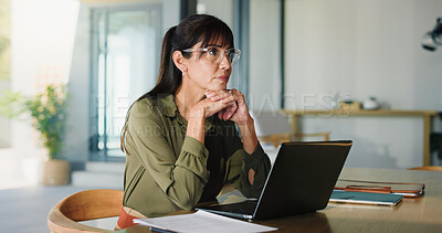 Buy stock photo Business, woman and thinking with laptop at house for real estate, property report and research. Mature freelancer, pc and paperwork for sales agreement, listing information and negotiation statement