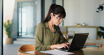 Buy stock photo Woman, remote work and typing with laptop at house for real estate, property report and research. Mature realtor, pc and paperwork of sales agreement, listing information and email client for viewing