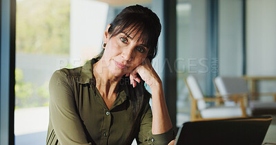 Buy stock photo Portrait, recruitment and business woman in office as hr manager, talent acquisition and about us. Smile, mature person and confident professional with laptop, hiring expert and employee in Canada