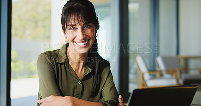 Buy stock photo Portrait, hiring and business woman in office as hr manager, talent acquisition and about us. Smile, mature person and confident professional with laptop, recruitment expert and employee in Canada