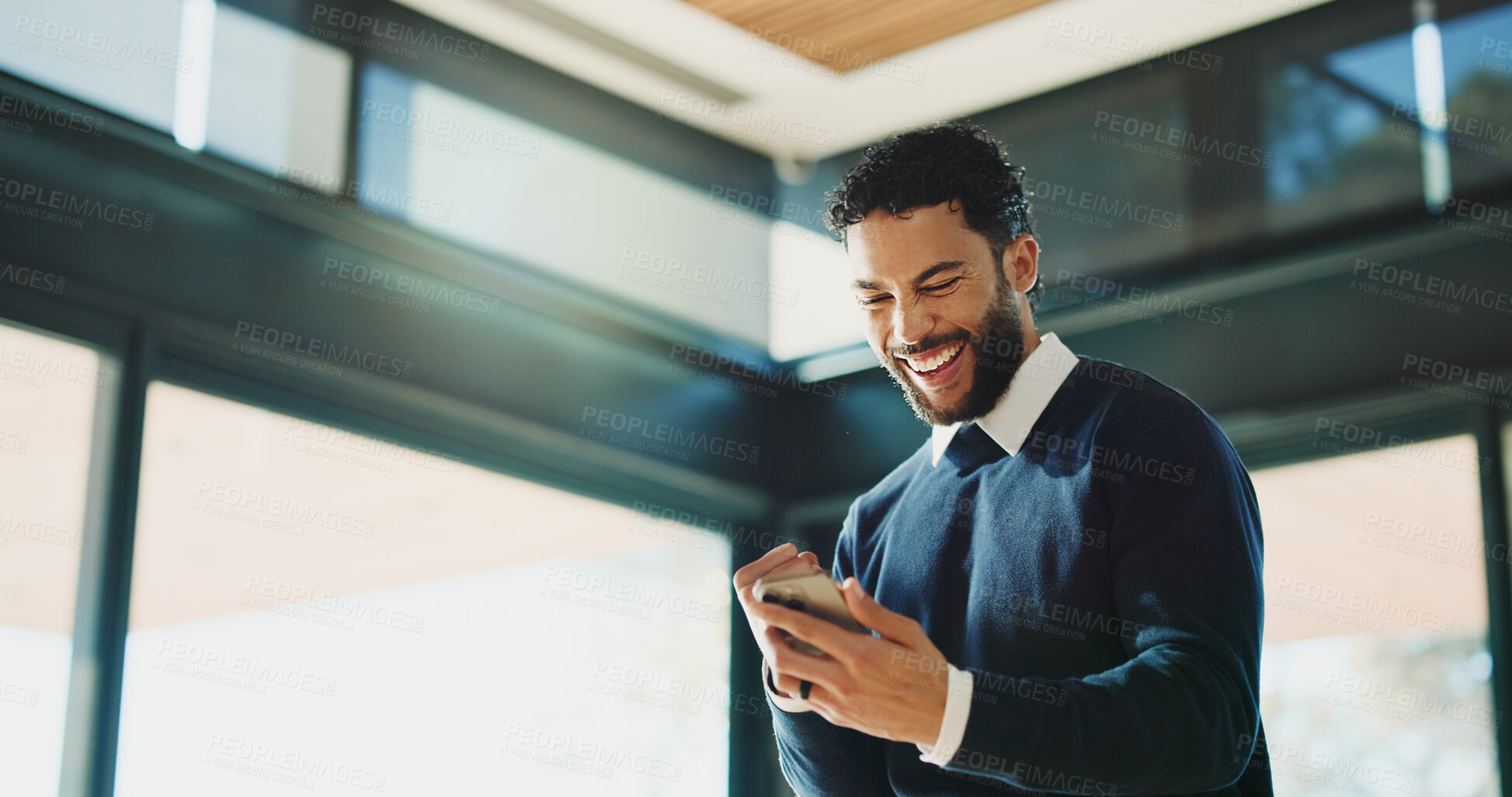 Buy stock photo Below, business and man with smartphone, fist pump and media agency with positive review. Person, achievement or journalist in office, cellphone or cheering with internet, online publication or smile