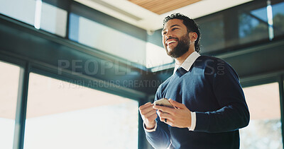 Buy stock photo Below, business and man with cellphone, fist pump and media agency with submission. Person, success and journalist with smartphone, excited and connection with achievement, online publication or app