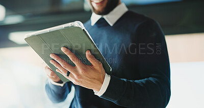 Buy stock photo Man, realtor and hands in office with tablet, property management and service review. Schedule, estate agent and digital tech in agency for commission update, app scroll and research for reading