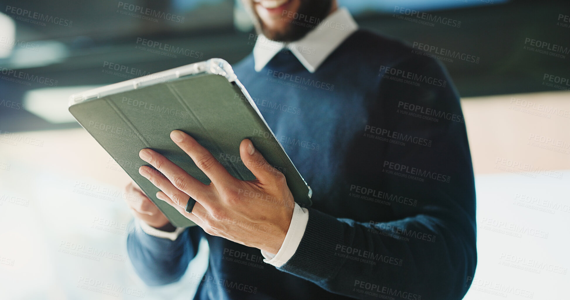 Buy stock photo Man, realtor and hands in office with tablet, property management and service review. Schedule, estate agent and digital tech in agency for commission update, app scroll and research for reading