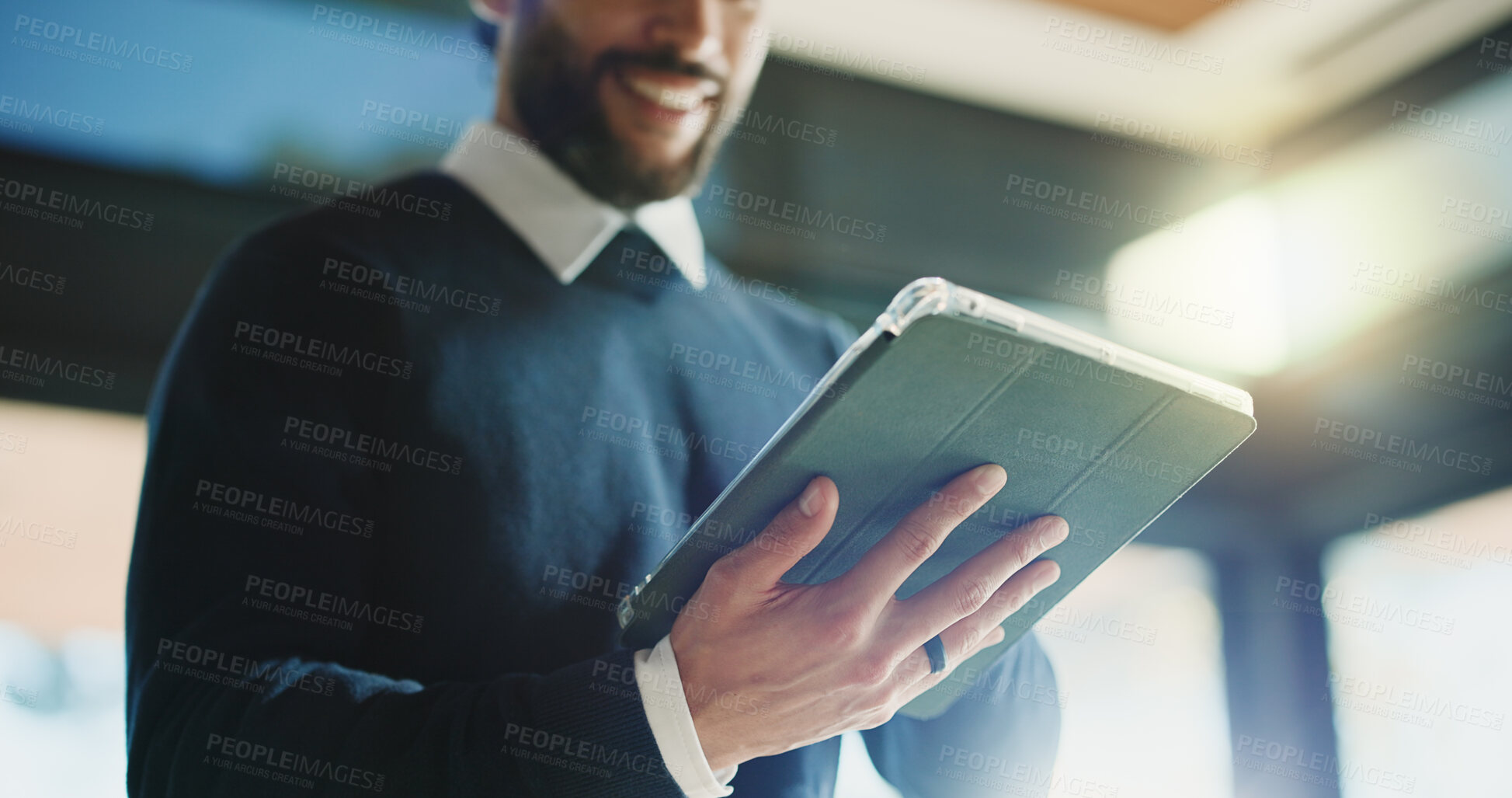 Buy stock photo Man, realtor and hands with tablet, property management and service review in office. Low angle, estate agent and digital tech in agency for commission update, app scroll and research for reading