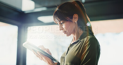 Buy stock photo Internet, business and woman with tablet, typing and media agency with positive review. Mature person, digital app or journalist in office, tech and connection with online publication or reading news