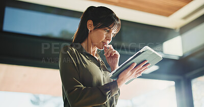 Buy stock photo Thinking, business and woman with tablet, below and news agency with planning for column. Mature person, low angle and journalist in office, tech and problem solving with deadline, ideas and solution