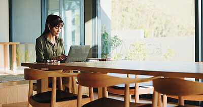 Buy stock photo Remote work, woman and typing on laptop in home for article review, submission feedback and space. Freelancer, editor and tech for editing manuscript, fact checking and research for source accuracy