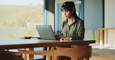 Buy stock photo Research, woman or typing with laptop in house for remote work, blog publication or editor feedback. Freelancer, journalist and tech in home for fact checking story, upload submission and newsletter