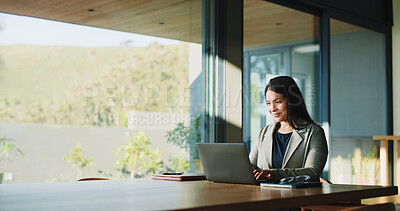 Buy stock photo Remote work, woman and smile with laptop in home for editing manuscript, blog approval or feedback. Freelancer, editor and space with tech for submission review, fact checking or publication accuracy