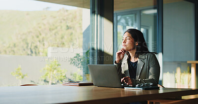 Buy stock photo Thinking, laptop and businesswoman in office for planning finance review with company budget. Brainstorming, computer and financial manager with problem solving for career development in workplace.