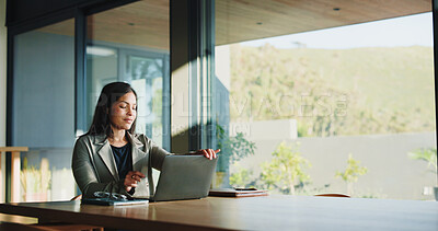 Buy stock photo Lawyer, woman or review with laptop in boardroom, legal research or lawsuit revision for labor law case. Justice, tech or mature attorney plan for dismissal dispute, assemble evidence or preparation