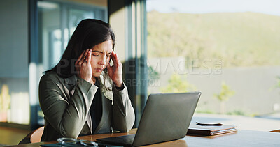 Buy stock photo Frustrated, business woman and headache with laptop, stress or overworked for pressure in office. Tired, female person or employee with migraine, fatigue or burnout for mental health in workplace