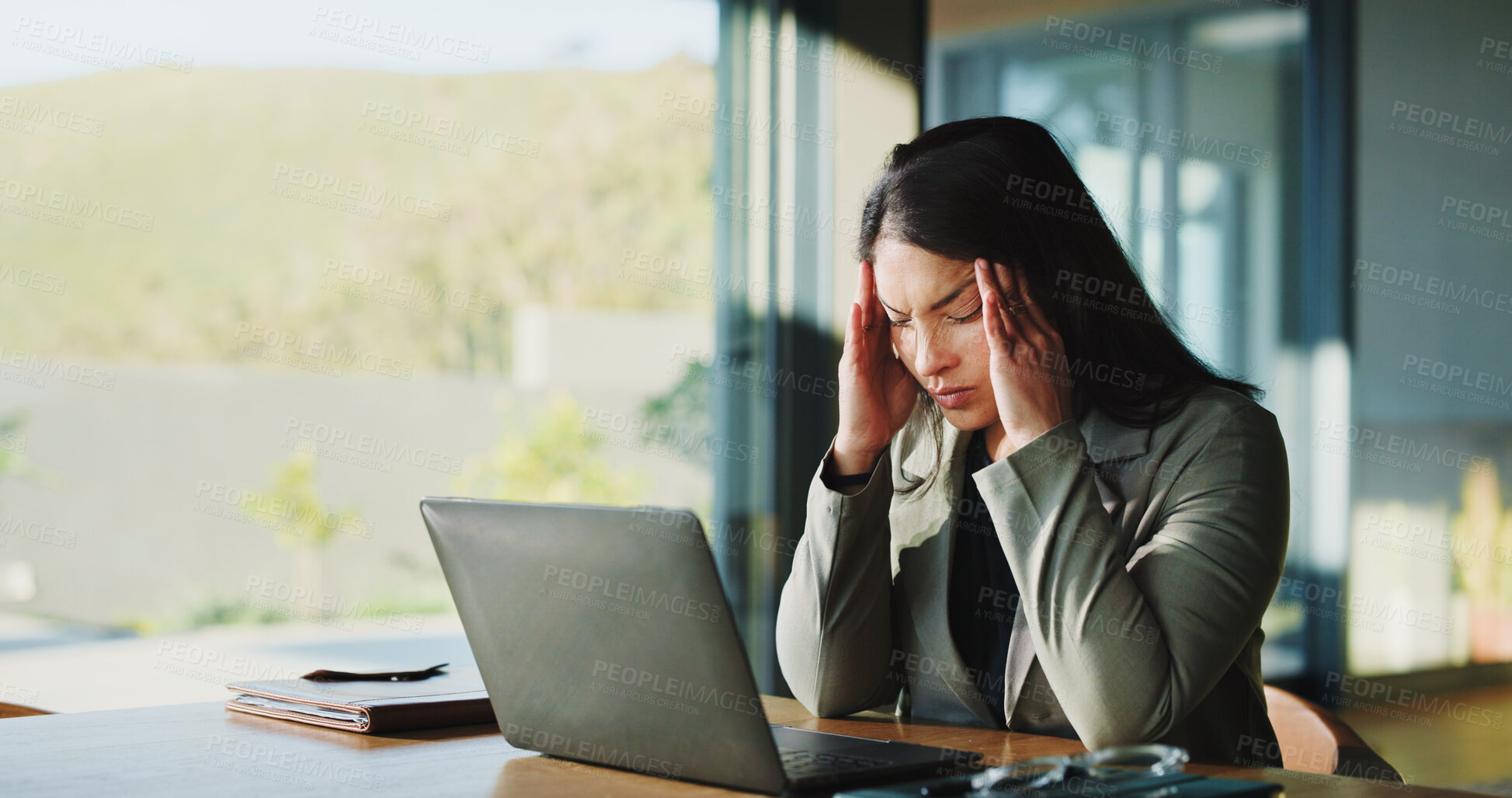 Buy stock photo Tired, business woman and headache with laptop, stress or overworked for pressure in office. Frustrated, female person or employee with migraine, fatigue or burnout for mental health in workplace