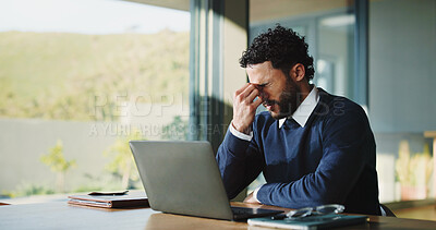 Buy stock photo Tired, businessman and headache with laptop, stress or overworked for deadline pressure in office. Frustrated, man or employee with migraine, fatigue or burnout for pain or mental health in workplace