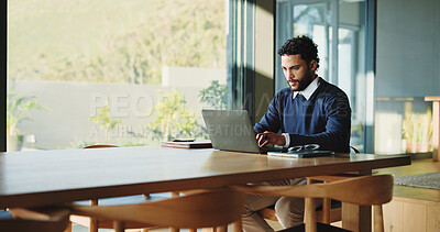 Buy stock photo Laptop, research and typing with business man in office for legal report, witness testimonial and reading. Court case planning, attorney records and tech with person in law firm for schedule