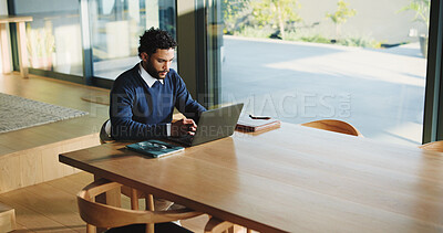 Buy stock photo Laptop, reading and typing with business man in office for legal report, witness testimonial and research. Court case planning, attorney records and tech with above of person in law firm for schedule