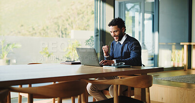 Buy stock photo Happy, businessman and accountant winning with laptop, fist pump or good news for promotion. Excited, man or smile with celebration, computer or success for bonus or salary increase in workplace