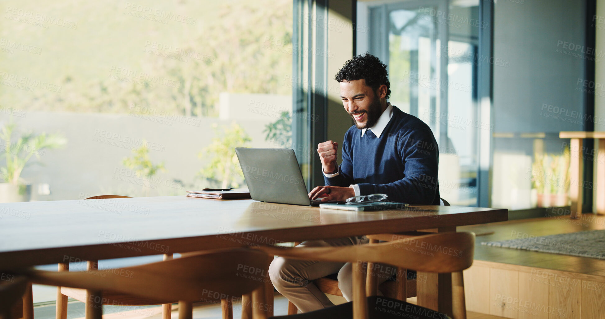 Buy stock photo Happy, businessman and accountant winning with laptop, fist pump or good news for promotion. Excited, man or smile with celebration, computer or success for bonus or salary increase in workplace
