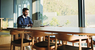 Buy stock photo Laptop, smile and typing with business man in office for legal report, witness testimonial and reading. Court case planning, attorney records and tech with male person in law firm for schedule