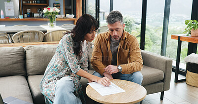 Buy stock photo Documents, finance and reading with couple on sofa in living room of apartment for financial review. Accounting, budget and paperwork with mature people in home together for investment planning
