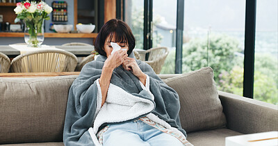 Buy stock photo Blowing nose, sick and cold with woman on sofa for virus infection, disease recovery and healthcare. Hayfever symptoms, influenza illness and healing with person and blanket in living rom of home