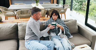 Buy stock photo Sick, tea and help with couple on sofa of home for disease healing, kindness or support. Influenza recovery, herbal drink and resting with man and woman in living room of apartment for care and trust